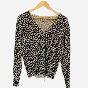 Vertical Design Sweater 2Ply Cashmere V Neck Pullover Leopard Print Size L